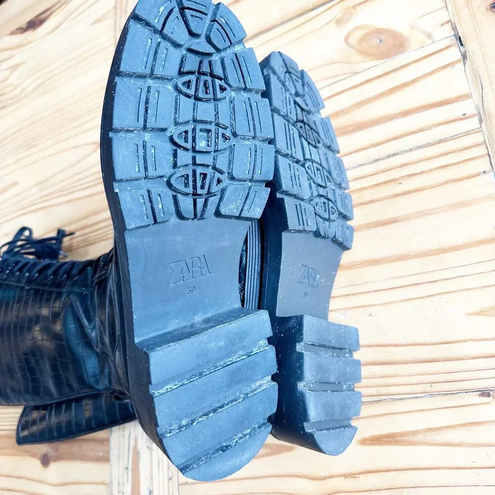 Zara Black Croc Embossed Combat Boots Platform Lug Sole Lace Up EU 39 US 8 - Picture 9 of 12